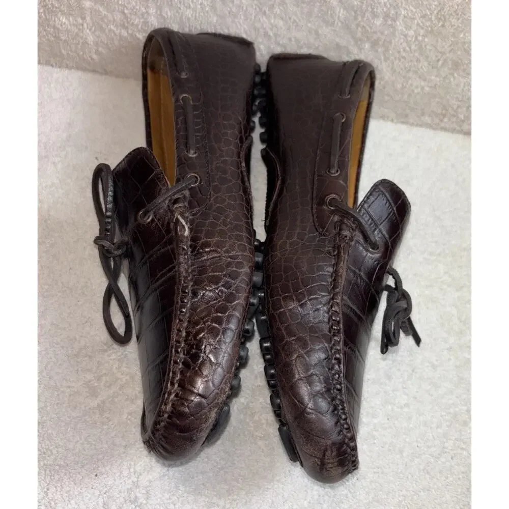 Cole Haan Men 10.5 M Brown Leather Croc Embossed Driving Loafers C07910 Shoes